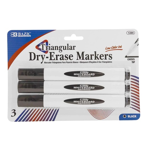 [1289 BAZ] Triangle Chisel Tip Black Dry-Erase Markers Set of 3