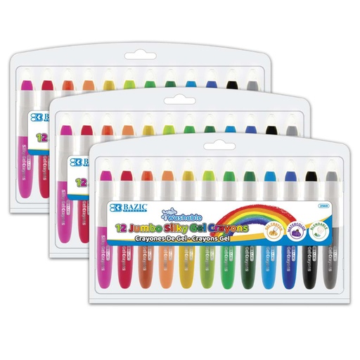 [2569-3 BAZ] 36 Washable Jumbo Silky Gel Crayons in 12 Assorted Colors