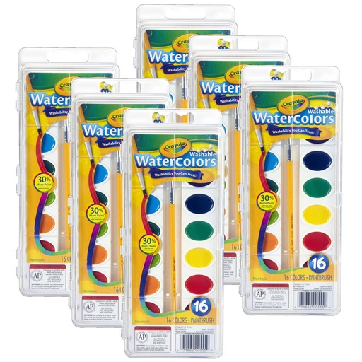 [530555-6 BIN] 16 Color Semi-Moist Washable Oval Pan Watercolors with Brush 6ct