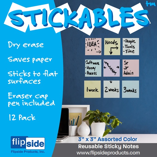 [94433 FS] Pastel Assorted 3" x 3" Dry Erase Stickables with Dry Erase Marker Pack of 12