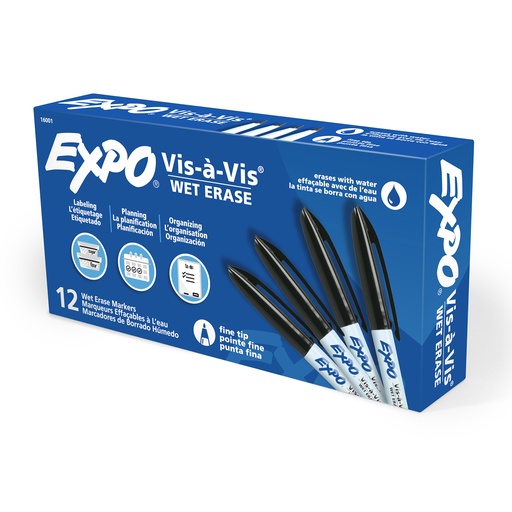 [16001BX SAN] Black Vis-a-Vis® Fine Tip Wet-Erase Markers Box of 12