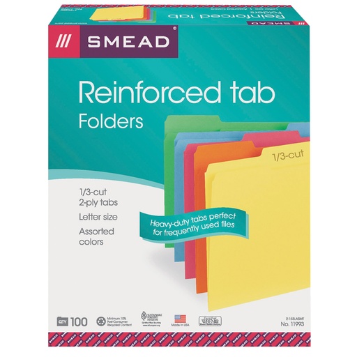 [11993 SMD] Reinforced 1/3-Cut Tab Letter Size Assorted Colors File Folders Box of 100