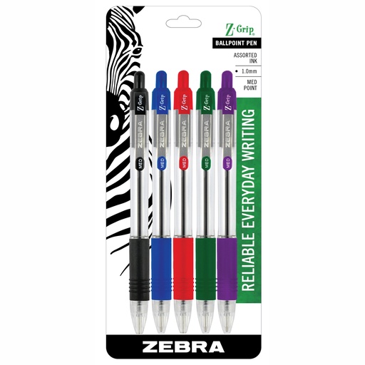 [22205 ZEB] Z-Grip Assorted Ballpoint Retractable Pens 5-Pack