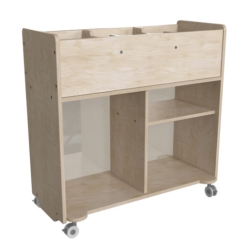 [24268 FF] Double Sided Wooden 6 Compartment Mobile Storage Cart with Locking Caster Wheels