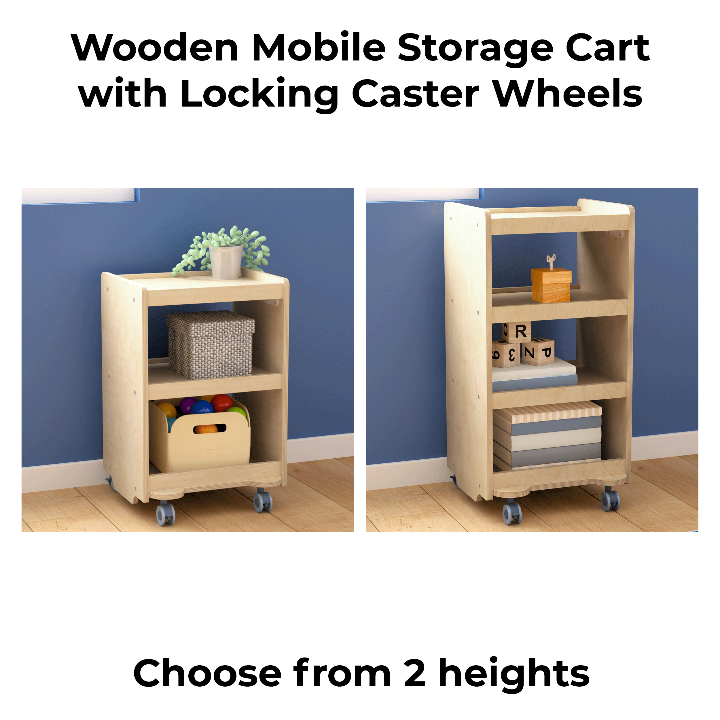 Wooden Mobile Storage Cart with Locking Caster Wheels