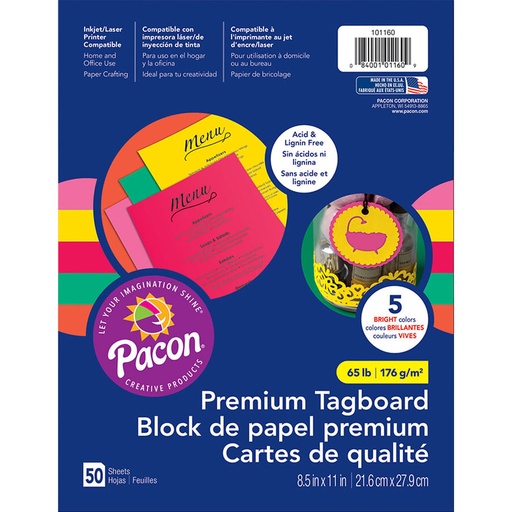 [101160 PAC] Premium Tagboard, 5 Assorted Bright Colors, 8-1/2" x 11", 50 Sheets