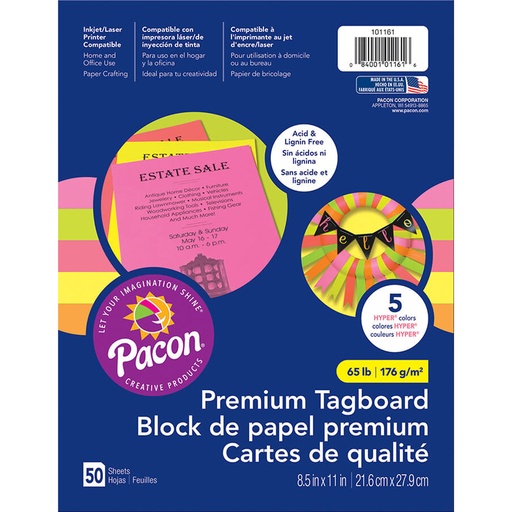 [101161 PAC] Premium Tagboard, 5 Assorted Hyper Colors, 8-1/2" x 11", 50 Sheets