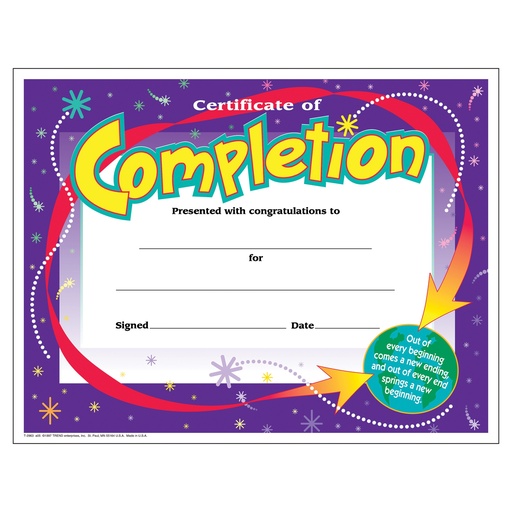 [2963 T] Certificate of Completion Colorful Classics Cert's., 30 ct