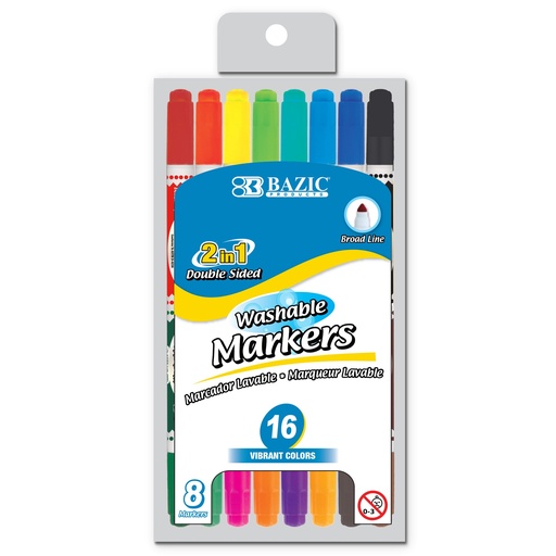 [1234 BAZ] Washable Markers, Double-Tip, 16 Colors, 8 Markers