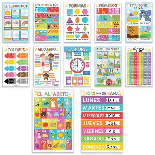 [1024 HDD] Colorful Spanish Preschool Educational Laminated Posters, Set of 12