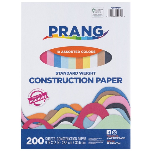 [94450 PAC] Lightweight Construction Paper, 10 Assorted Colors, 9" x 12", 200 Sheets