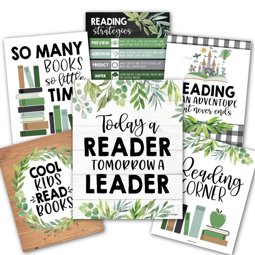 [1004 HDD] Farmhouse Greenery Reading Posters For Classroom Library Decor, Set of 6