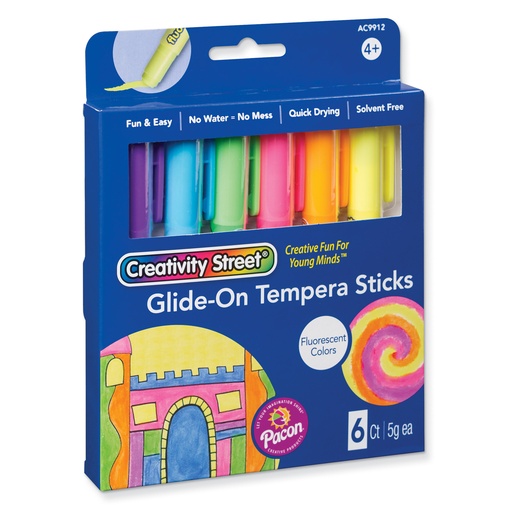 [AC9912 PAC] Assorted Fluorescent Colors Glide-On Tempera Paint Sticks 6 Count