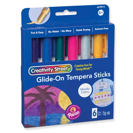 [AC9913 PAC] Assorted Metallic Colors Glide-On Tempera Paint Sticks 6 Count
