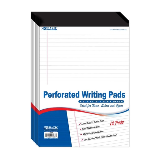 [5039 BAZ] White 8.5" x 11.75" Perforated Writing Pads Pack of 12