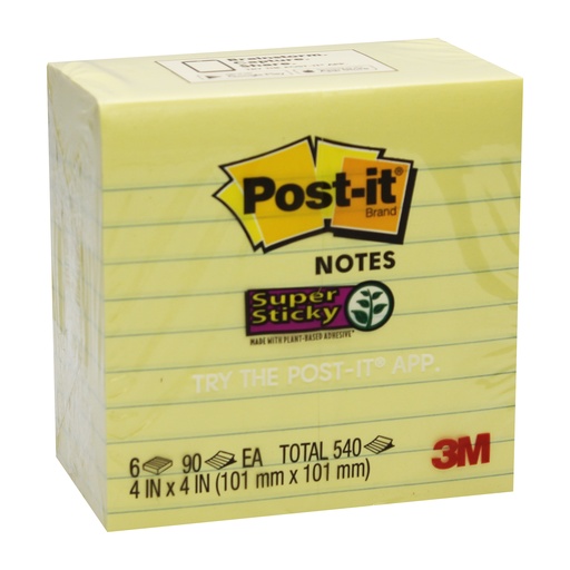 [6756SSCY MMM] Lined Canary Yellow 4" x 4" Super Sticky Notes 6 Pads