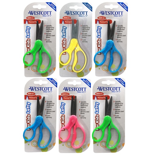 [13178-6 ACM] 5" Pointed Assorted Colors Lefty Hard Handle Kids Scissors 6ct