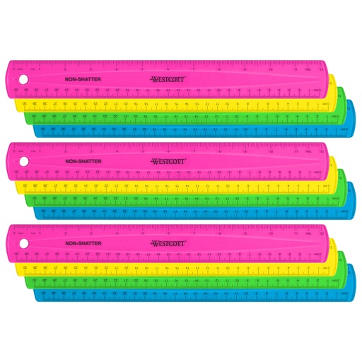 [14381-12 ACM] 12" Assorted Translucent Colors Shatterproof Ruler with Anti-Microbial 12ct