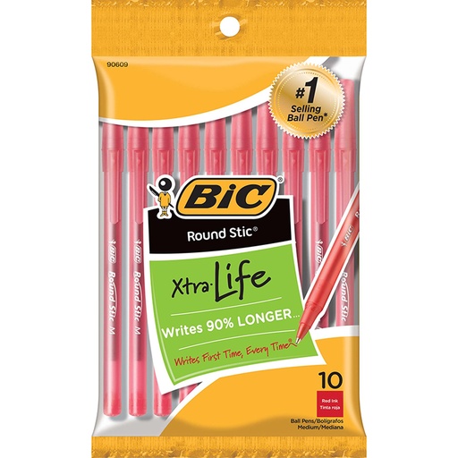 [GSMP101RD BIC] Medium Point Red Round Stic® Xtra Life Ballpoint Pen Pack of 10