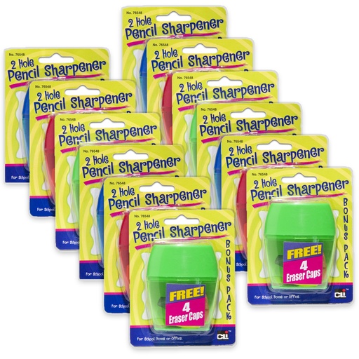 [76548ST CLI] Assorted Two-Hole Pencil Sharpener with Catcher & Bonus Erasers Set of 12