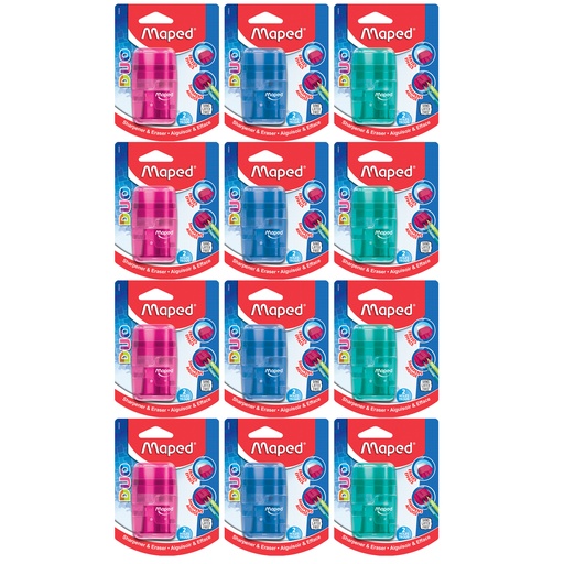 [049249-12 MAP] Assorted Connect DUO 2 Hole Sharpener / Eraser Combo Pack of 12