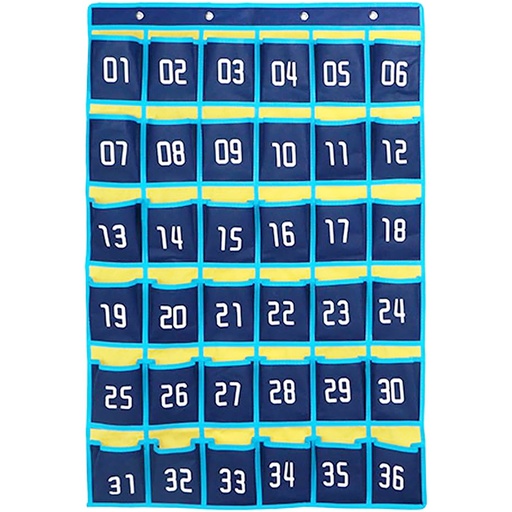 [PS3614 KOR] Kore Design® Hanging Cell Phone Pocket Storage Classroom Organizer, 36 Pockets (Blue/Yellow) — High‑capacity door/wall device check‑in