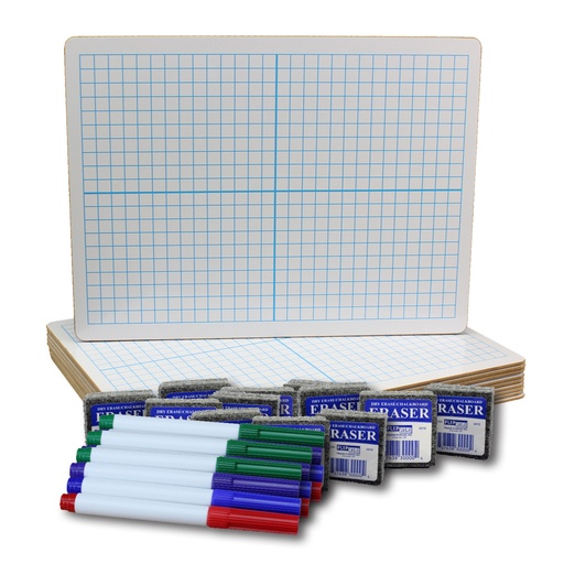 [19100 FS] 9" x 12" XY Axis/Plain Two-Sided Dry Erase Boards with Colored Pens & Erasers Class Pack of 12