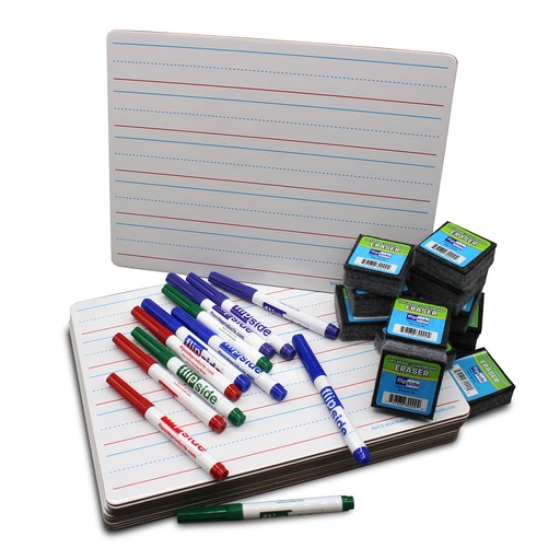 [21134 FS] 9" x 12" Red & Blue Ruled/Plain Two-Sided Dry Erase Boards with Colored Pens & Student Erasers Class Pack 12