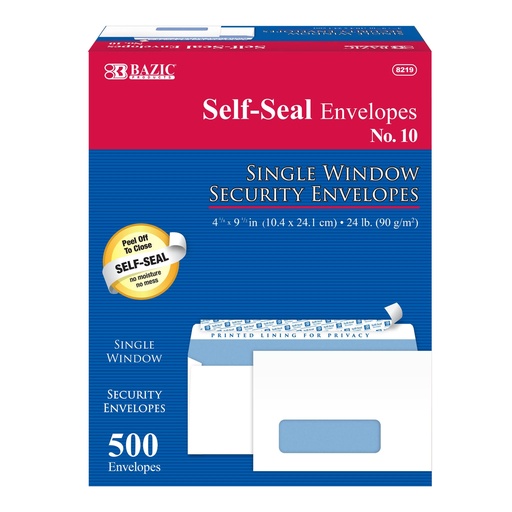[8219 BAZ] #10 Self-Seal Security Single Window Envelopes 500ct