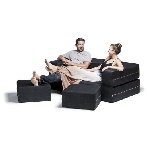 [16848-400 JAX] Black Zipline Denim Convertible Sleeper Loveseat & Ottomans