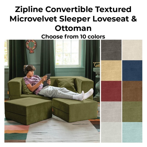 [16386 JAX] Zipline Convertible Textured Microvelvet Sleeper Loveseat & Ottoman