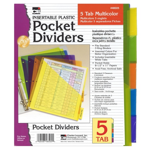 [48505ST CLI] Index Dividers with Pocket 5 Tabs Plastic Assorted Colors
